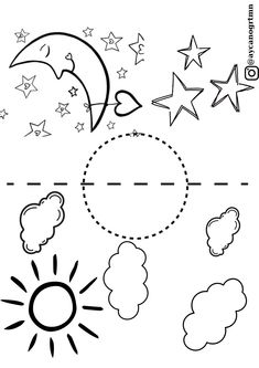 a coloring page with stars, clouds and sun in the sky for kids to color