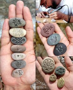 several pictures of rocks with different designs on them, and one has writing in the middle