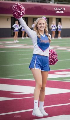 a cheerleader is standing on the field with her pom poms in hand