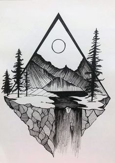 a drawing of mountains, trees and a lake in the middle with a triangle above it