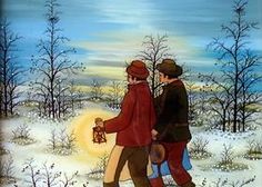 two people are walking in the snow with their backs to each other and one is holding a lantern