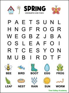 a printable spring word search is shown