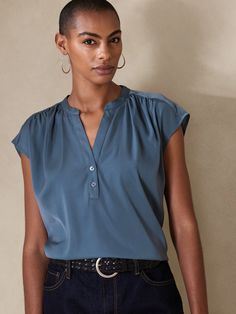 Button Dolman-Sleeve Top | Banana Republic Factory Top Banana, Dolman Sleeve Tops, Banana Republic Factory, Button Top, Band Collar, Petite Size, Dolman Sleeve, Cap Sleeves, Banana Republic