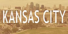 the kansas city skyline is shown in sepia with white letters that read kansas city