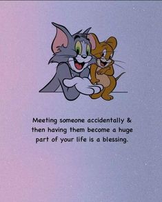 a cartoon cat and mouse hugging each other with the caption saying meeting someone accidentally & then having them become a huge part of your life is a blessing