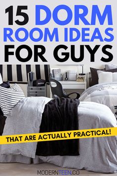 a bedroom with black and white bedding, striped wallpaper and text that reads 15 dorm room ideas for guys