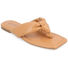 Our Ares sandals from Journee Collection will leave your feet feeling more comfortable than any other sandals you own, with their 4 mm Tru Comfort Foam insole. Their luxe vegan leather, flip-flop style, open square toe, and light puff will make these the most stylish shoes in your closet instantly becoming a favorite. As a bonus, their slip-on closure will make them an easy grab-and-go shoe for when you need to rush out the door. Size: 8.  Color: Beige.  Gender: female.  Age Group: adult. Brown Non-slip Round Toe Flip Flops, Brown Non-slip Summer Flip Flops, Brown Non-slip Flip Flops, Brown Slip-on Flip Flops For Outdoor, Cushioned T-strap Flip Flops For Beach, Flip Flops Style, Leather Flip Flops, Open Toed Heels, Round Toe Heels