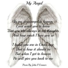 an angel poem written in black and white with two wings on the back of it