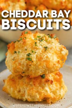 cheddar bay biscuits stacked on top of each other