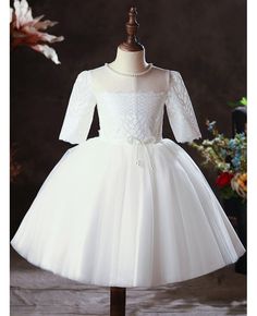 Buy elegant pearls neckline ballgown tulle flower girl dress with lace sleeves at wholesale price online. Free shipping and pro custom service since 2009. Confirmation Princess Dress With Tulle Skirt, Confirmation Princess Dress Ball Gown With Tulle Skirt, Princess Ball Gown With Tulle Skirt For Confirmation, Princess Tutu Dress With Lace Bodice For Confirmation, Princess Style Tutu Dress With Lace Bodice For Confirmation, Confirmation Lace Princess Dress Ball Gown, Lace Princess Dress For Confirmation, Lace Princess Dress For Confirmation, Ball Gown Style, First Communion Princess Dress With Lace Bodice And Tulle