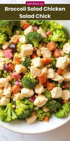 broccoli salad with chicken in a white bowl