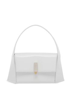 white calf leather lambskin engraved logo foldover top single top handle detachable shoulder strap internal pocket main compartment Luxury White Satchel Baguette Bag, White Baguette Bag With Top Handle, White Leather Baguette Bag With Top Carry Handle, Classic White Flap Bag With Gold-tone Hardware, Luxury White Baguette Bag With Top Handle, Classic White Rectangular Flap Bag, White Business Shoulder Bag With Detachable Handle, White Shoulder Bag With Detachable Handle For Business, White Double Handle Shoulder Bag For Business