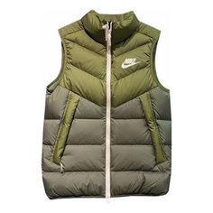 Nike Windproof Warm Stand Collar Down Vest 'Green' DV0757-326 Khaki Vest For Outdoor Winter Activities, Green Technical Nylon Outerwear, Sporty Hooded Vest For Outdoor Activities, Functional Hooded Outdoor Vest, Casual Khaki Nylon Vest, Nike Functional Outdoor Outerwear, Sporty Windproof Vest For Sports, Functional Sports Vest For Winter, Hooded Nylon Vest For Outdoor