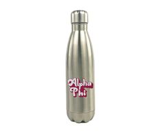 a stainless steel water bottle with the word alphia pii on it's side