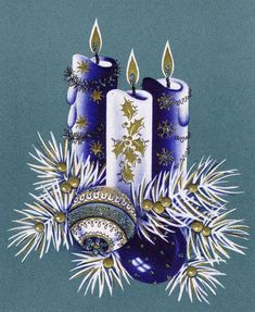 two blue candles surrounded by pine cones and ornaments on a green background with white snowflakes