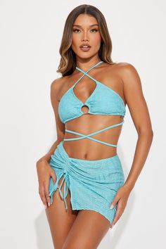 Available In Blue. 3 Piece Bikini Set Textured Bralette Bikini Top Removable Cups O-Ring Wrap Around Waist Ties Bikini Bottom Matching Cover Up Mini Skirt Adjustable Side Ruching Full Stretch Final Sale Shell 95% Polyester 5% Spandex Lining 94% Polyester 6% Spandex Imported | Hanna 3 Piece Bikini Set in Blue size Small by Fashion Nova Multicolor Two-piece Beach Bottoms, Blue Festival Swimwear With Tie-side Bottom, Blue Beachwear Bottoms With 4-way Stretch, Two-piece Cropped Beachwear Sets, Blue Beach Crop Top With Built-in Bra, Ring Wrap, Service Women, Free Dresses, Matching Dresses