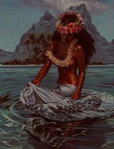 a painting of a woman sitting in the water wearing a lei and headdress