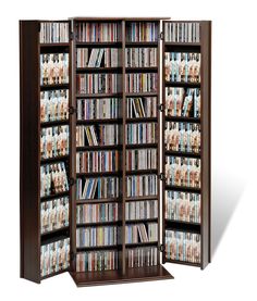 an entertainment center with several shelves full of dvd's