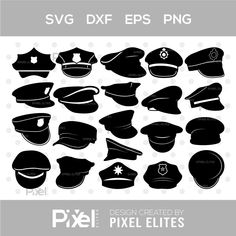 the silhouettes of different hats and caps are shown in black on a white background