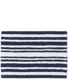 a blue and white striped bath mat on a white background, with horizontal stripes in the middle