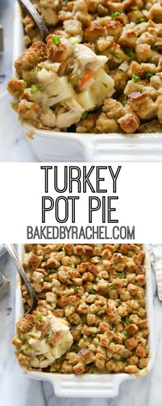 turkey pot pie in a white casserole dish with a serving spoon on the side