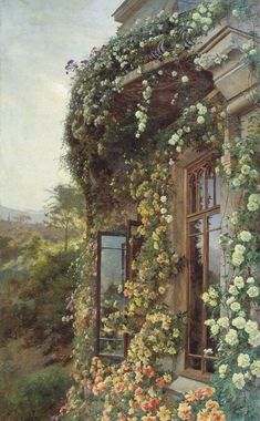 a painting of flowers growing on the side of a building with an open door and window