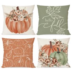 four pillows with pumpkins and flowers on them