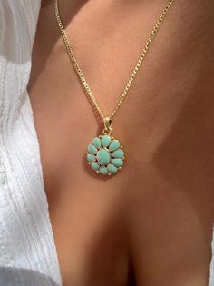 Gold Flower Necklace Flower Pendant Gold Enamel Flower Charm - Etsy Turquoise Flower Necklace With Flower Charm, Turquoise Flower Charm Pendant Jewelry, Turquoise Jewelry With Flower Charm As Gift, Turquoise Jewelry With Flower Charm For Gift, Turquoise Flower-shaped Jewelry With Flower Charm, Green Necklace With Flower Charm And Round Pendant, Turquoise Flower Necklaces For Gift, Turquoise Flower Charm Jewelry, Turquoise Jewelry With Flower Charm