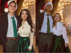 three people dressed in christmas attire standing next to each other