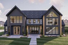 this is an artist's rendering of a house with large windows and lots of grass