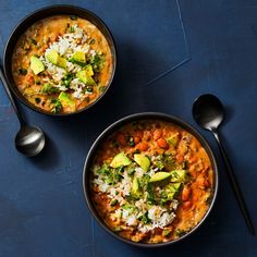 two bowls of soup on a blue surface