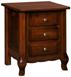 a wooden night stand with two drawers on one side and an open drawer on the other