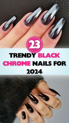 Stay ahead of the trends with these fashionable black chrome nail ideas for 2024. Chrime Nails, Black And White Nail Designs, White Chrome Nails