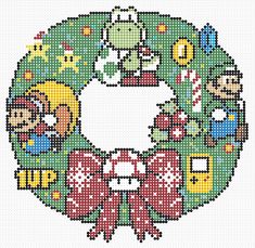 a cross stitch christmas ornament in the shape of a wreath with people around it