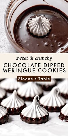 chocolate dipped meringue cookies with text overlay