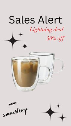 a coffee cup with liquid in it and the words sales alert lightning deal 50 % off