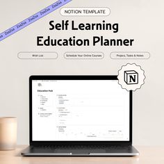 a laptop with the words self learning education planner on it next to a cup of coffee