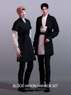 two people standing next to each other in front of a gray background with the words blood moon hanbok set