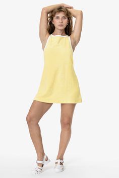 RLT3629 - Loop Terry Boatneck A-Line Dress Sporty Sleeveless Mini Dress, Sporty Cotton Mini Dress, Spring V-neck Athleisure Dresses, Sporty V-neck Tennis Dress, Terry Cloth Dress, Jelly Flats, Summer Lookbook, Sporty Look, Contrast Trim