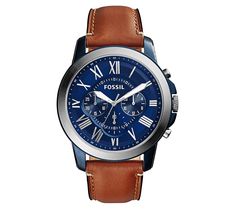 Elevate your wristwear with the Fossil men's Grant stainless chronograph watch. Featuring a rich brown leather strap and a striking blue dial adorned with silvertone Roman numerals, this timepiece combines classic elegance with modern functionality. The chronograph subdials add a touch of sophistication, making it perfect for both everyday wear and special occasions. From Fossil. Blue Leather Chronograph Watch With Subdials, Classic Blue Leather Chronograph Watch, Classic Brown Chronograph Watch With Metal Dial, Formal Brown Chronograph Watch With Metal Dial, Brown Leather Watch With Metal Dial, Brown Business Chronograph Watch With Subdials, Brown Leather Chronograph Watch With Metal Dial, Brown Chronograph Watch With Subdials For Business, Brown Watches With Subdials