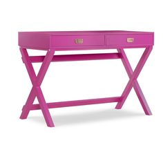 a pink desk with two drawers on the top and one drawer at the bottom, against a white background