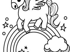 a black and white drawing of a unicorn on top of a rainbow