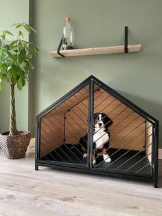 a dog sitting in its kennel on the floor next to a potted plant