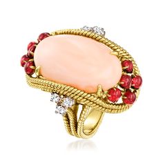 Ross-Simons - C. 1960 Vintage Pink Coral, 1.50ct t. w. Garnet, .35ct t. w. Diamond Ring Size 5. C. 1960. Featuring an array of warmly toned hues, this cocktail ring from our Estate collection will brighten up your whole presence in an instant. The cotton candy-colored 20x12mm oval pink coral cabochon centerpiece is accentuated by clusters of 1.50 ct. t. w. round garnet cabochons, .35 ct. t. w. round brilliant-cut diamonds and a shiny roped-edge frame of 18kt yellow gold. 1 1/16" wide. Diamond, g Candy Ring, Cotton Candy Colors, Pink Coral, Round Brilliant Cut Diamond, Cocktail Ring, Round Brilliant Cut, Bling Bling, Cocktail Rings, Cotton Candy