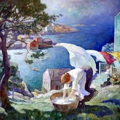 a painting of a woman washing her clothes in the water near a blue house and trees