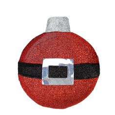 a red ornament with silver trim and a black stripe around the bottom, on a white background