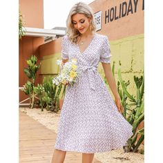 Step into summer with elegance in the WhizMax Women's Floral Wrap V-Neck Midi Dress. This charming dress is perfect for a variety of occasions, from beach outings to weddings, ensuring you look stylish wherever you go.

- Material: Soft, breathable fabric ideal for warm weather
- Features: Wrap V-neck, pleated details, short puff sleeves, elastic high waist, A-line silhouette, elegant hem, and includes a belt
- Color: Purple
- Size: 2XL
- Gender: Female

Designed with a flowy A-line cut and shor Feminine White V-neck Beach Dress, White V-neck Dress For Spring Garden Party, White V-neck Dress For Garden Party In Spring, Chic V-neck Dress For Beach Wedding, Elegant Flowy V-neck Dress For Vacation, Summer V-neck Knee-length Dress For Brunch, Flowy V-neck Summer Dress For Day Out, Summer Midi Dress With Surplice Neckline For Vacation, Fitted Summer V-neck Dress For Beach