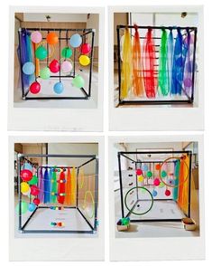 four pictures of different colored objects in a cage