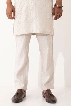 Ivory straight kurta featuring pintucks in geometric pattern. Paired with a solid straight pant. - Aza Fashions Men Kurta, Straight Kurta, Kurta With Pants, Pin Tucks, Straight Pants, Aza Fashion, Mens Pants, Geometric Pattern, For Men