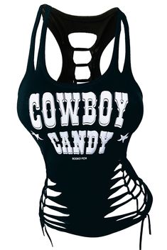 Cowboy Candy Cowboy Pinup Slashed Tank BRAND: Rodeo Fox by Demi Loon FABRIC: 95% Cotton , 5% Spandex COLOR: Black, Red DETAILS: 95% Cotton 5% Spandex Our own Cowboy Candy Graphics 5 Point Slashing Ribcage Slash hourglass waist effect Very Stretchy Fabric for an easy fit! Festival Vibes super stretchy racerback tank Sizing: XS: 32-33" Bust Small: Bust 34-35" Medium: Bust 36-37" Large: Bust 38-39" XL: Bust 40-41" 2x: Bust 42-43" Demi Loon Slashed Tees are a perfect go-to as a wicked festival top, concert t-shirt, sexy biker tee for motorcycle rallys, and more. Literally the perfect tee, hand slashed just for you 🖤Located in Los Angeles we have THE sexiest slashed gothic cowgirl tops , sexy biker Slashed tees, concert and festival t-shirts on the planet. We are a team of women, family & frie Cowboy Pinup, Gothic Cowgirl, Stagecoach Outfit, Cowboy Candy, Biker Rallies, Hourglass Waist, Ripped Shirts, Cowgirl Bling, Biker Outfit